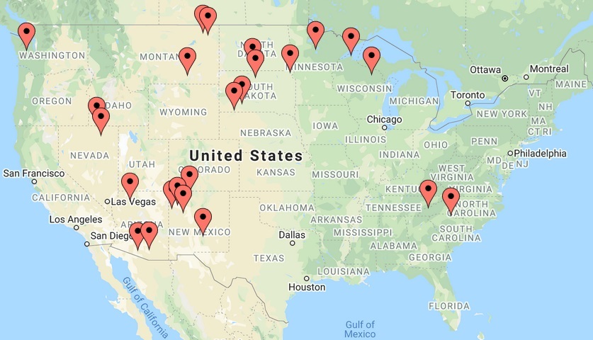 US Map showing TBHCE sites