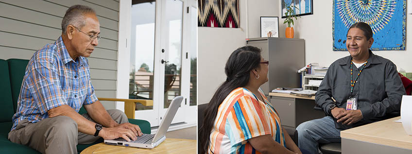 An elder male using a laptop, and a therapist and coworker in an office