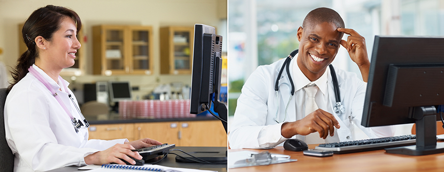 Two health workers watching webinars
