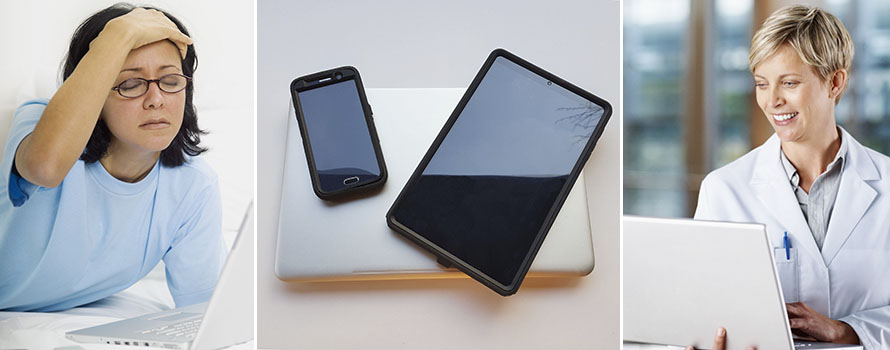 A patient clutching her forehead, a laptop, tablet and phone, and a doctor on a laptop