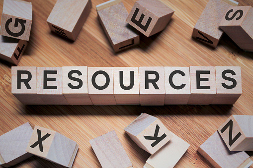 the word resources spelled out on wooden blocks