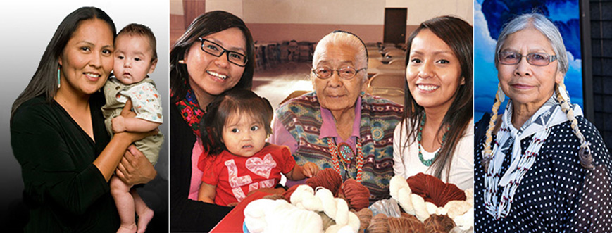 A mother and baby, several generations of women, and an elder woman