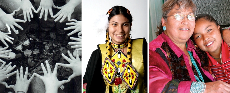 image collage including many hands, native indian girl and woman hugging a child